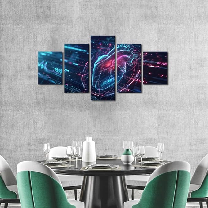 5 Panel Artificial Intelligence Heart Paintings Canvas Wall Art Framed Bedroom Art Wall Decor Human Heart Pictures for Living Room Wall Decoration Posters with Frame Ready to Hang 60" Wx32 H