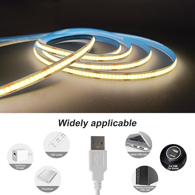 COB LED Strip Lights Warm 3.28ft, 5V Dimmable LED Light Strip, Flexible USB LED Strip for Cabinet, TV Backlighting, Bedroom, Kitchen, Home DIY Lighting