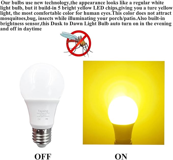 Taysing Dusk to Dawn Light Bulbs Auto On/Off 40 Watt Equivalent Smart Light Sensor LED Bulb Security Bulb Outdoor Night Light Bulb Garage Porch 5W 500lm E26 Amber Yellow 2 Pack