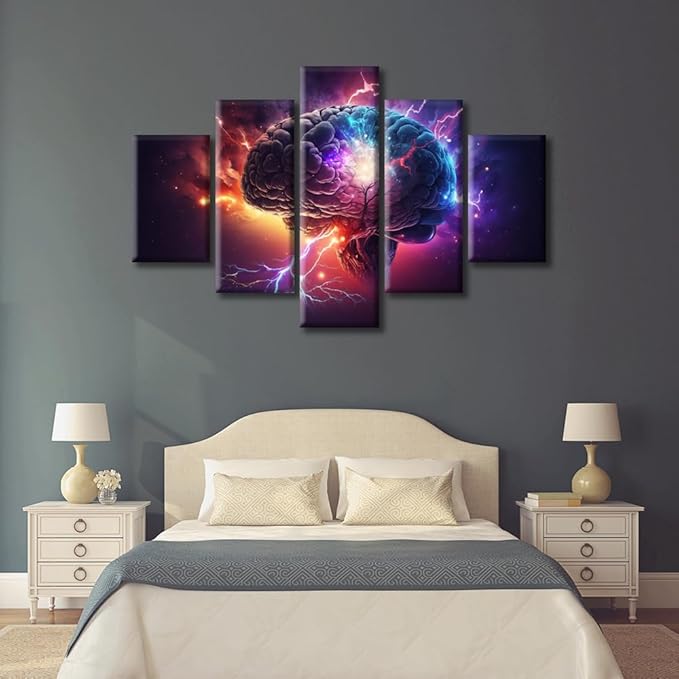 Canvas Wall Art Brain Power Lightning Wall Art for Bedroom Abstract Brain Wall Decor Art Paintings 5 Pieces Neuronal Impulses Modern Giclee Artwork for Office Home Decor Ready to Hang (60"Wx40"H)
