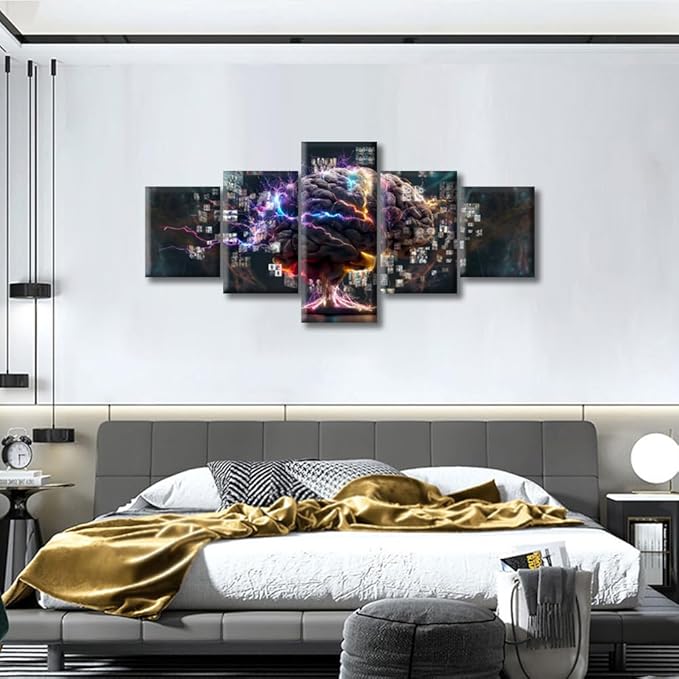 Human Brain Canvas Art Wall Decor Neuronal Impulses Bedroom Wall Art Concept of a Human Brain Full with Creativity Pictures for Living Room Modern Wall Art Framed Ready to Hang (50"Wx24"H)