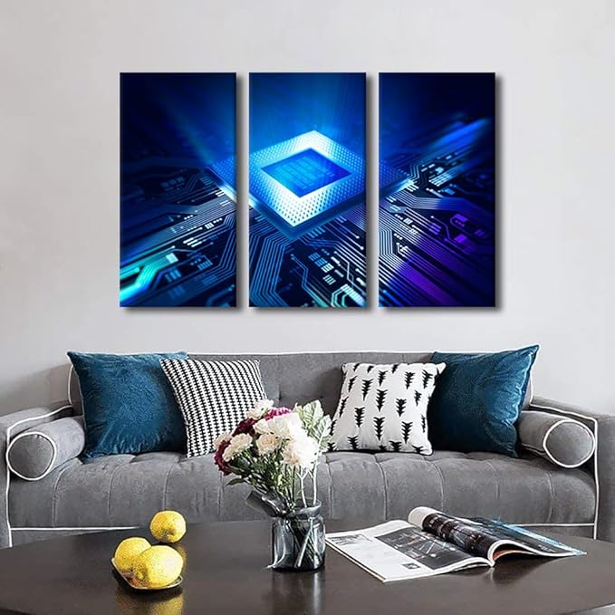 3 Panel Wall Art CPU Concept Painting Print On Canvas Pictures for Bedroom Circuit Board Home Decor Technology Digital Art Contemporary Artwork Paintings Stretched Frame Ready to Hang(24"Wx36"H)