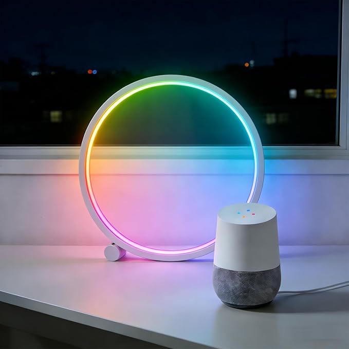 White LED Intelligent Color Changing Circular Table Lamp -16 Million RGB DIY Mode and Modern Game Light, with Music Synchronization, Voice Control, Computer Desk and Home Office Decoration