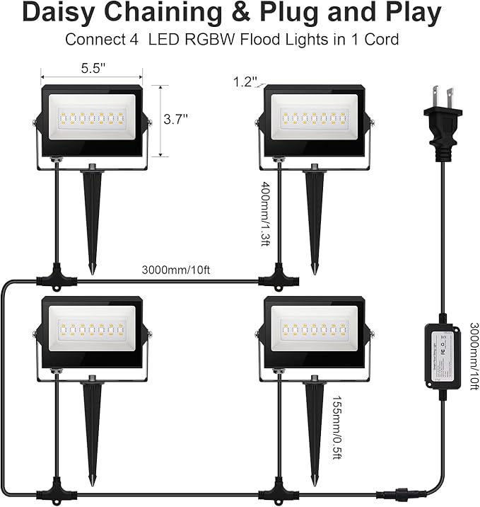 YAYZA! LED Flood Lights Outdoor 36W, 300W Equivalent 3000 LM RGB Color Changing Led Stage Landscape Lighting Bluetooth Smart Floodlights with APP Control 3000K Bright White Light, Timing&IP66 (4Pack)