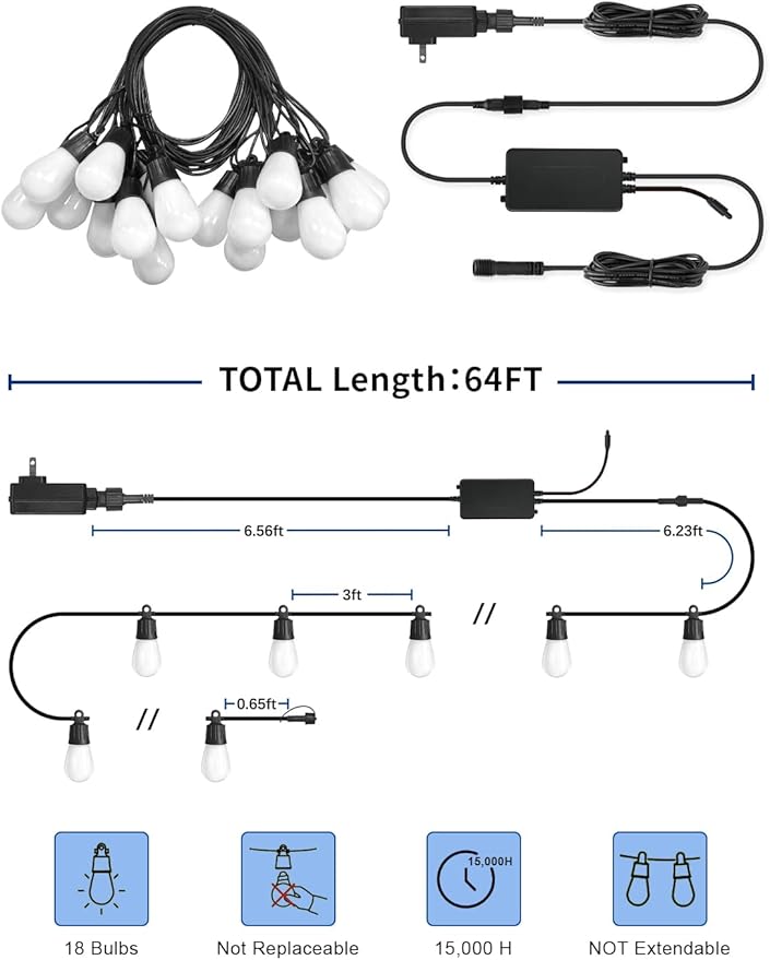 Outdoor String Lights APP Control with Remote, 64(52+12) ft RGB+IC+Warm White Outdoor Lights 18 LED Bulbs Music Sync for Garden Party Decor Christmas