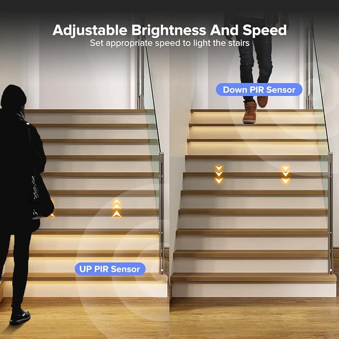 BTF-LIGHTING PIR Sensor Stair Light ES32 Controller Kit 3X16FT Custom FCOB LED Strip Length Fits All Widths of Stairs DC24V 3000K CRI 90+ 8mm Width Dimmable Uniform Light Multiple On and Off Modes