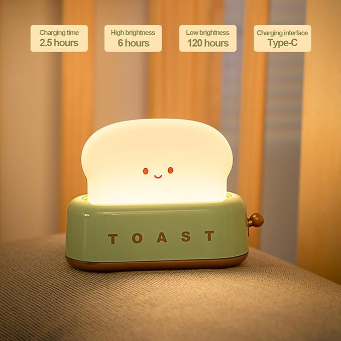 Led Cute Toaster Lamp, Kawaii LED Toast Bread Night Light, Super Squishy Silicone USB Rechargeable and Portable Light with Timer, Xmas Ideal Gifts for Baby Kids Girls Teens Teenages