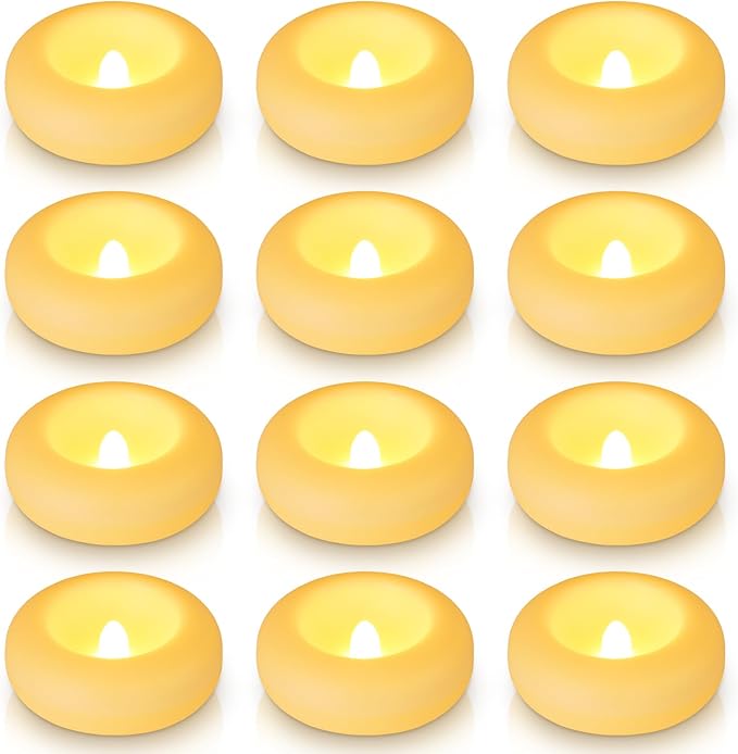 Aignis 12pcs Flameless LED Floating Candles Battery Operated, 120+ Hours Glow Time, 3 Inch Ivory Plastic Tealights, Cozy Warm Yellow Light for Romantic Pool/Bathtub/Hot Bath/Wedding Centerpiece Decor