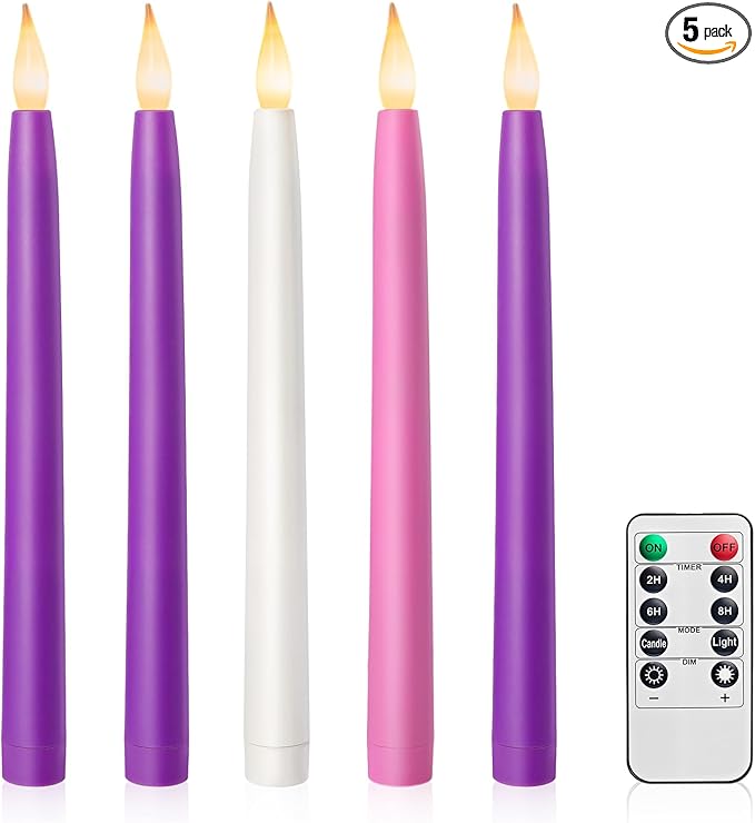 SURAIELEC Set of 5 Battery Operated Advent Candles, 10.5'' Christmas Taper Candle with Remote, Timer, Flameless LED for Advent Wreath, Christmas Decoration (Rechargeable Battery Not Compatible)