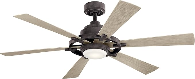 Kichler 52 Inch Gentry Lite LED Ceiling Fan and Etched Cased Opal Glass in Weathered Zinc with Weathered White Walnut Blades