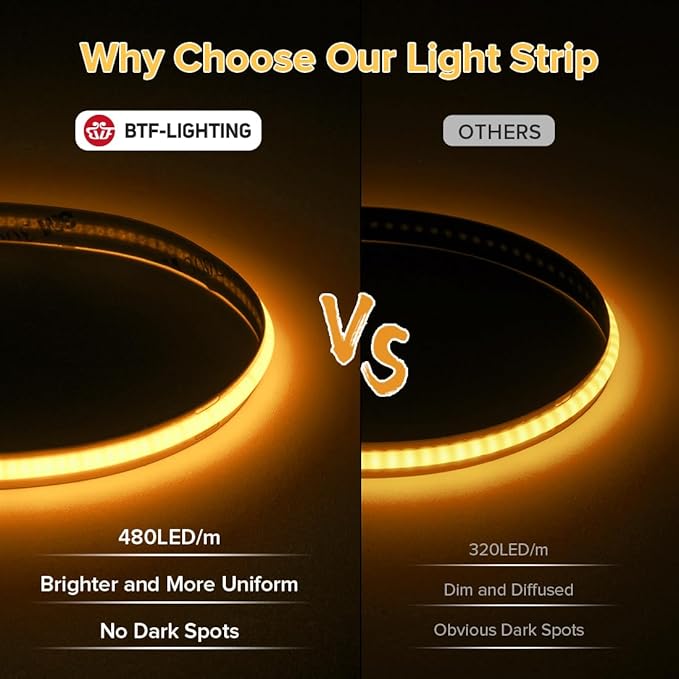 BTF-LIGHTING FCOB COB LED Strip Orange Color 480LED/m 16.4FT DC24V Flexible High Density Uniform Light 8mm Width Bright Dimmable LED Ribbon for Bedroom Indoor Decor(No Adapter or Controller)