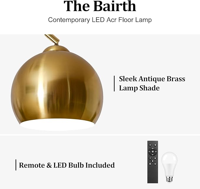 77” Arc Floor Lamp for Living Room, Upgraded Gold Standing Lamp with Remote, 3 Color Temperatures & Brightness Adjustable, Modern Arched Floor lamp for Bedroom,Office, Antique Brass, LED Bulb Included