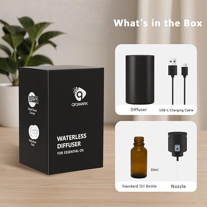 Waterless Diffuser for Essential Oil Rechargeable Scent Diffuser Machine, 0.7 Fl.Oz. 20mL Capacity, 4 Countdown Timers & 4 Mist Levels for Home, Room, Car, Office, Christmas Decorations Indoor, Black
