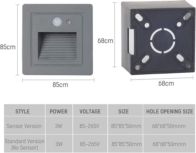 LED Recessed Step Wall Sconce,3W Indoor Outdoor Stairs Light IP65 Waterproof Human Body Induction Wall Lamp Corridor Night Light 85Mm85Mm,B,Induction