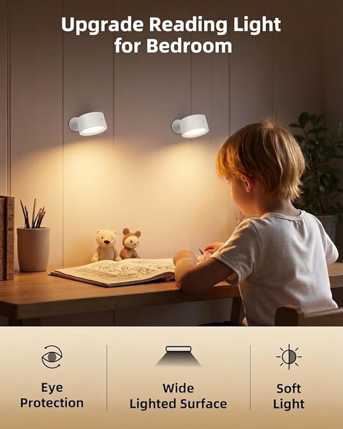 LED Wall Mounted Lights, Rechargeable Wall Sconces with Remote & Touch Control, 3 Color Temperatures 360° Rotation Dimmable Cordless Wall Light for Bedroom Study Reading Bedside (White, 3 Pack)