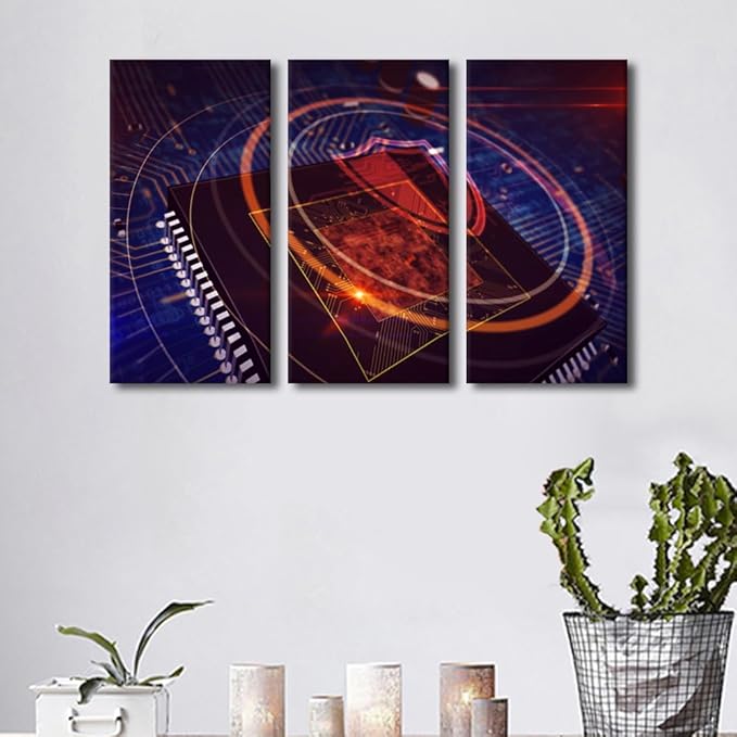 Wall Art for Living Room 3 Panel CPU on Board With Shield Hologram Display Pictures Posters for Home Room Office Club Decoration Wooden Framed Gallery-Wrapped Ready to Hang, 42" Wx28 H