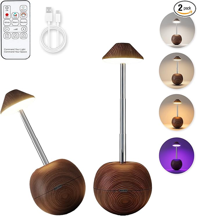 yadoker 2 Pack Cordless Table Lamps Set, Tumbler Design Touch Lamp & Remote, Rechargeable 2600mAh USB Desk Lamp, Multiple Colors Dimmable Nightstand Lamp for Bedroom, Living Room, Outdoor (Walnut)