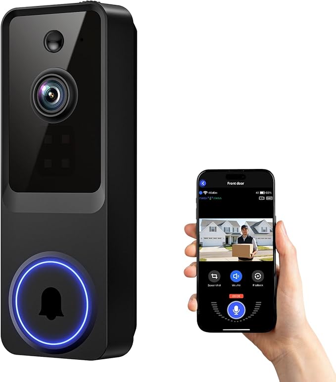 1080P Wireless Home Security Doorbell Camera with Receiver，AI Human Detection，Real-Time Alerts，2-Way Audio，Battery Powered，Night Vision，Cloud Storage, 2.4Ghz Wi-Fi