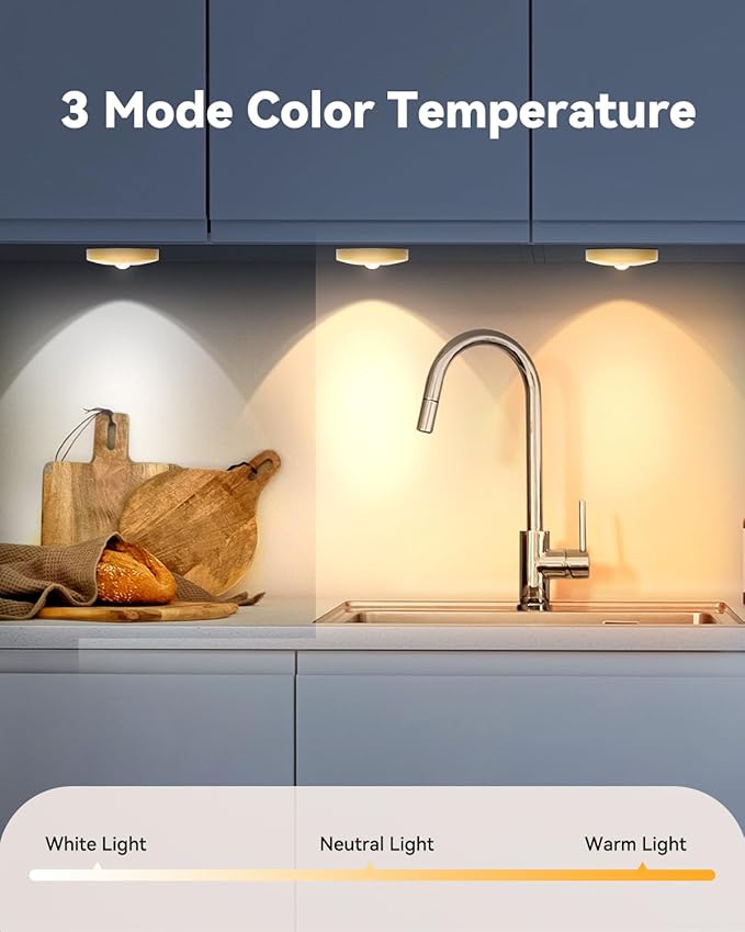 Rechargeable Puck Lights With Remote Control, 1500mAh Battery Operated Tap Lights, Dimmer & Timer Under Cabinet, Wireless LED Stick-On for Closet, Bedroom, Kitchen - Gold 3Pcs