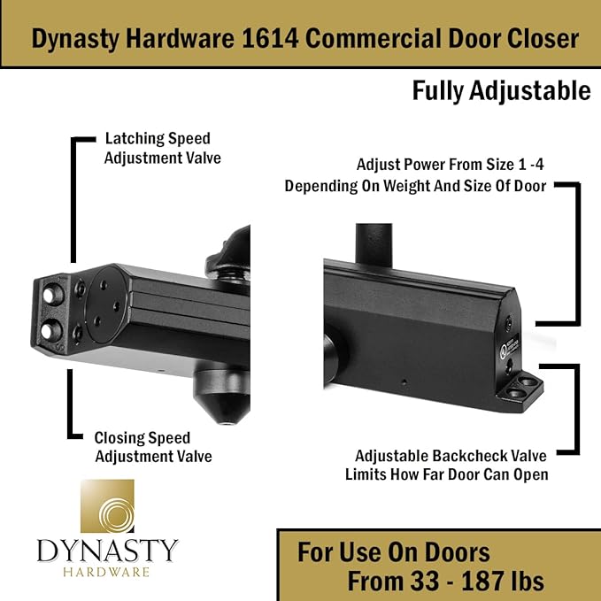 Dynasty Hardware Door Closer, Grade 1 Heavy Duty Commercial Hydraulic Closer, Self-Closing, Adjustable Spring Size 1-4, ADA Compliant, Surface Mount, Sprayed Duronotic Bronze, Series 1614