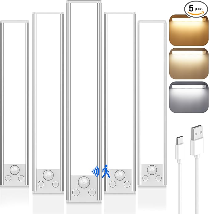 VerRon 5 Pack Under Cabinet Lighting Wireless, Battery Operated Motion Sensor Light Indoor with 3 Color Temps 68 LED, Upgraded 2200mAh Rechargeable Under Cabinet Lights Closet Lights for Kitchen, 10in