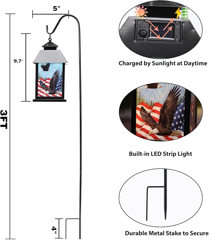 Afirst Solar Lantern Outdoor, Hanging Lights Decorative American Flag Outdoor Lighting Waterproof Umbrella Lights for Patio Garden, Table,Party Decor（Included Shepherd Hook）