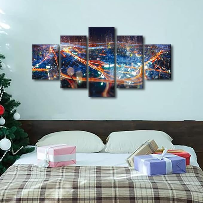 Rebotipy 5 Panel Canvas Wall Art Connection Concept Picture Printing Futuristic Communication Poster Communication Company Meeting Room Decoration Big Data Worker Living Room Decor Artwork 60x32 Inch