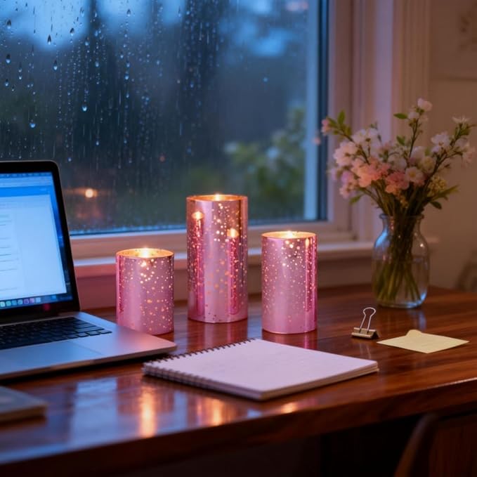 Pink Flameless LED Candles with Remote – Mercury Glass, Real Wax, Warm White Flicker, 500+ Hrs, Easter & Spring Decor for Women, Valentine's Day. Batteries Included