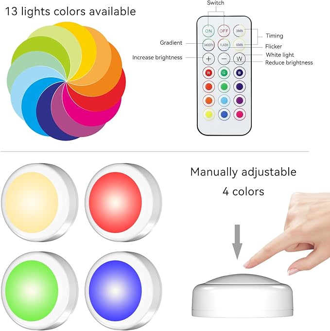 LED Puck Lights with Remote Control, Under Cabinet Lighting Stick on Tap/Push Lights, Battery Operated Closet Lights, Wireless Led Wall Light for Bedroom, Under Counter Light for Kitchen,2 Pack