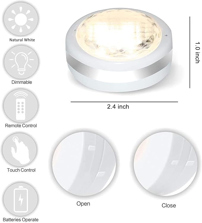 Starxing Puck Lights with Remote, Battery Operated Under Cabinet Lighting, Led Tap Light with Remote Control, Locker Light Closet Light, 4000K Natural White (6PK)