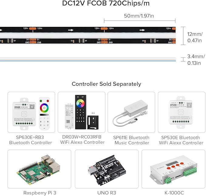 BTF-LIGHTING FCOB WS2811 IC RGB COB LED Strip DC12V 720LED/m Flexible High Density Uniform Chasing Color Light 2X16.4FT Total 32.8FT 20IC/m 12mm Width Black PCB(No Adapter or Controller)