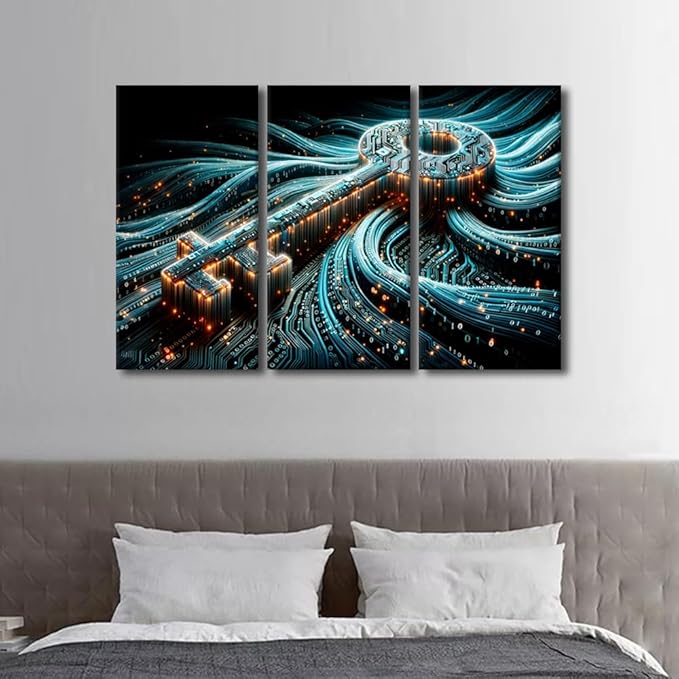 TUMOVO 3 Panel Bedroom Wall Art Cyber Security Concept with Key on Circuit Board Pictures Posters, Modern Art for Home Hotel Office Wall Decoration, Stretched Framed Ready to Hang, 42" Wx28 H