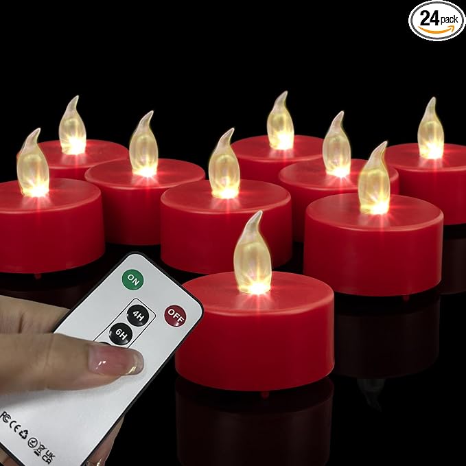 LED Tea Light flameless Candles: 24PACK with Remote Control Candle,Long Lasting 400+Hours,Battery Operated LED Tealights for Home Decoration Seasonal &Festival Celebration(Red)