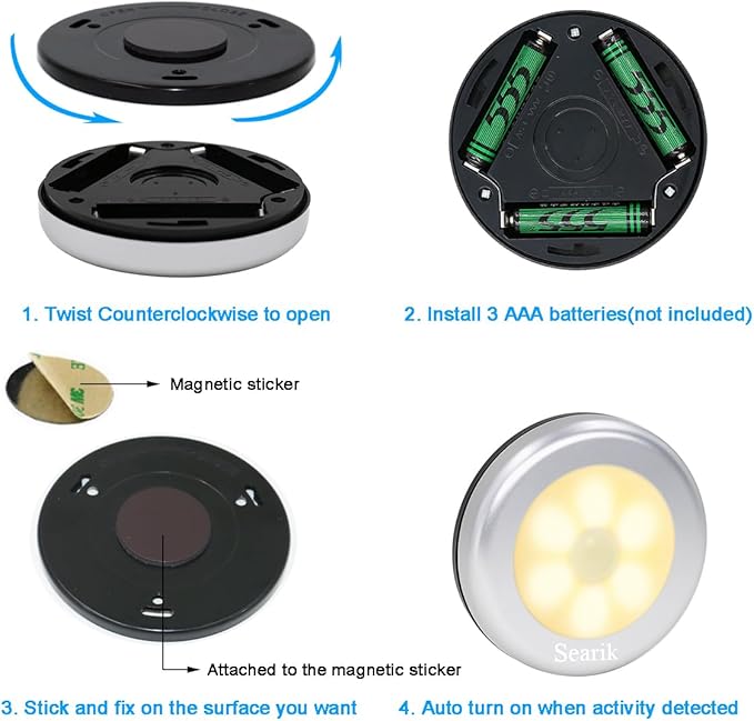 6 Pcs Motion Sensor Night Light Indoor, Cordless Battery Operated LED Night Light Step Lights Wireless Under Cabinet Lighting Safety Lamp for Bedroom Kitchen Stair Bathroom Closet Hallway Path