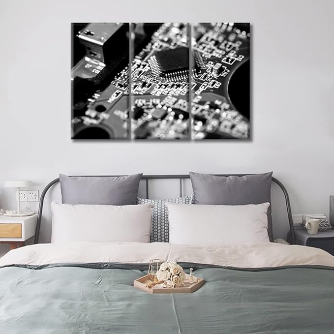 3 Panel Motherboard Digital Chip Poster Black and White Wall Decor Circuit Board Wall Decor for Bedroom CPU Concept Wall Art Giclee Wooden Framed Gallery-Wrapped Ready to Hang (36" Wx24 H)