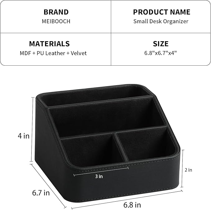 Remote Control Holder, PU Leather Small Desk Organizer with 4 Compartments, Nightstand Organizer Desk Caddy for Remote, Notepad, Phone, Glasses, and Accessories (Black)