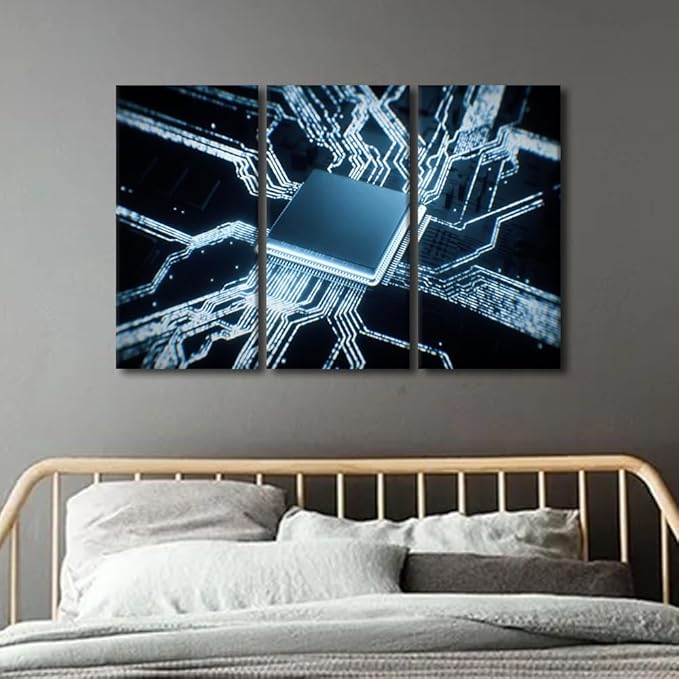 TUMOVO 3 Pieces Wall Art Home Decor Semiconductor Chip Canvas Print Circuit Boards Paintings Chip Pictures Prints on Canvas Stretched and Framed Ready to Hang Posters and Prints, 42" Wx28 H