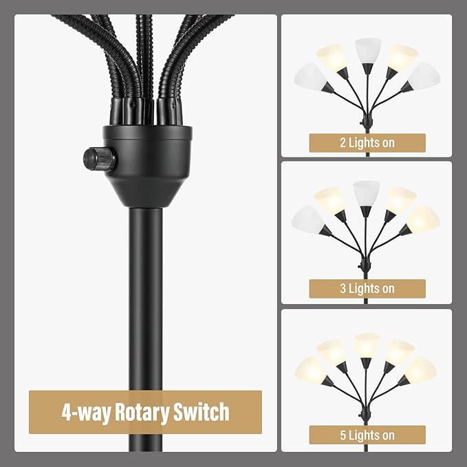 HonoDing Medusa Floor Lamps Standing Lamps 5 Heads Adjustable Reading Light Large Shade Use E26 A19 Bulb Floor Lamps for Living Room Bedroom (Black)