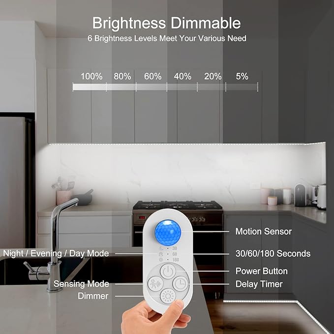 Motion Sensor Under Cabinet Lights Plug-in LED Strip Lights Indoor Cold White 6000K Super Bright 2000lm with 12V Adapter, Dimmer and Timer for Kitchen Cabinet, Shelf, Wardrobe, Stairway…