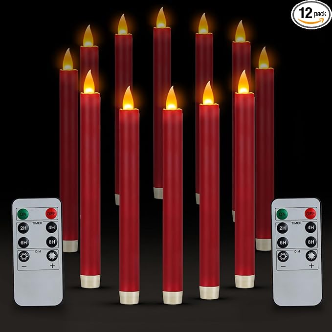 Flameless Taper Candles 10" Dripless Battery Operated Taper Candles Included Remote Timer 400+ Hours by 2AA Batteries for Halloween Christmas Wedding (Burgundy, 12 Pack)