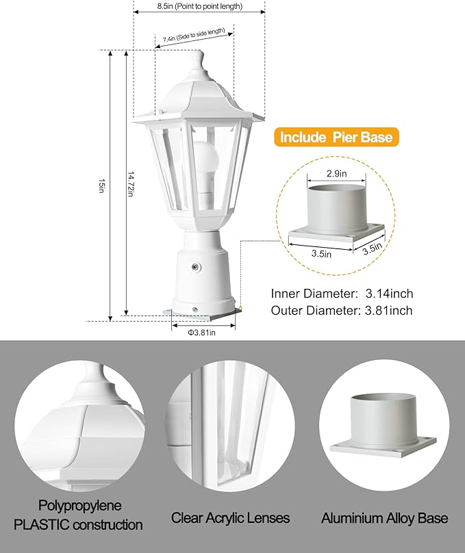 FUDESY Dusk to Dawn Outdoor Post Light, White Modern Exterior Post Lantern with Pier Mount Base, Plastic Waterproof Lamp Light Fixture for Garden Yard Patio Pathway, LED Bulb Included