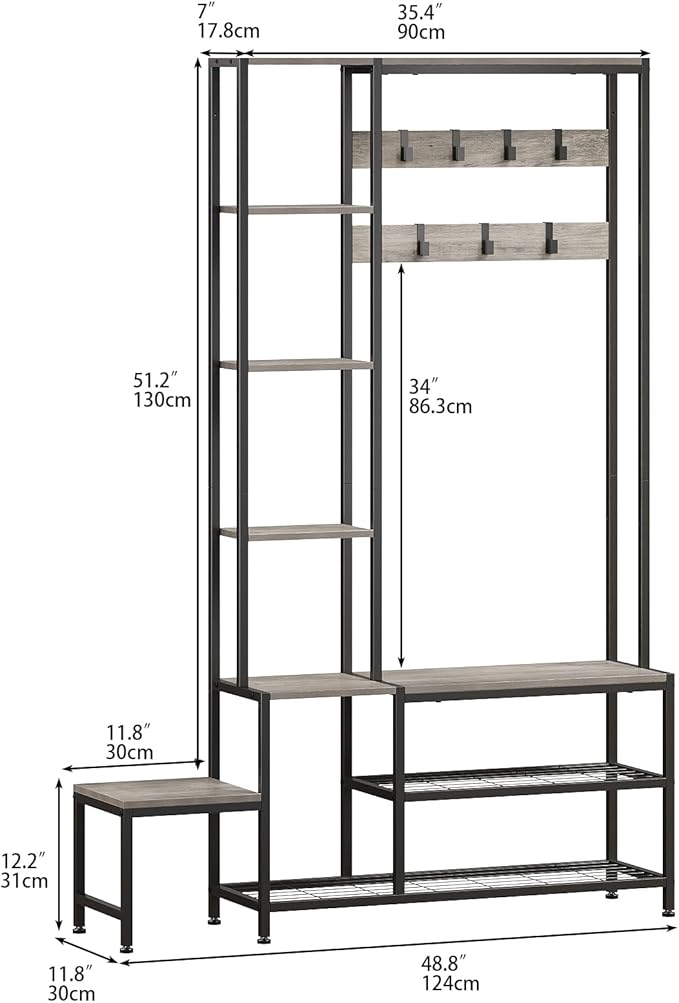 Hall Tree with Shoe Storage Bench Coat Rack with 7 Hooks Interchangeable 4 Tier Side Storage Shelves Small Cute Side Bench Industrial 5-in-1 Entryway Coat Rack for Hallway Mudroom Bedroom