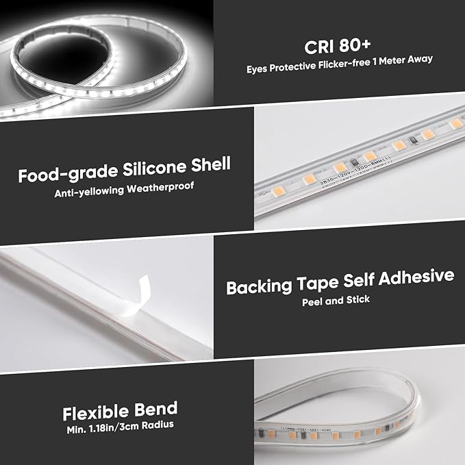 Shine Decor LED Strip Light Super Bright 12000LM, Plug&Play 120V Driverless Easy Wiring, Flicker Free Weatherproof for Outdoor Indoor, Min. 3.9” Cuttable Stickable, 6000K Cool White 50FT ETL Listed