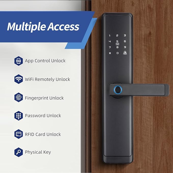 Sophies Keyless Entry Smart Lock with Handle, WiFi Door Lock, Tuya APP Control - Fingerprint Deadbolt with Keypad and Anti-Peeping Password Black