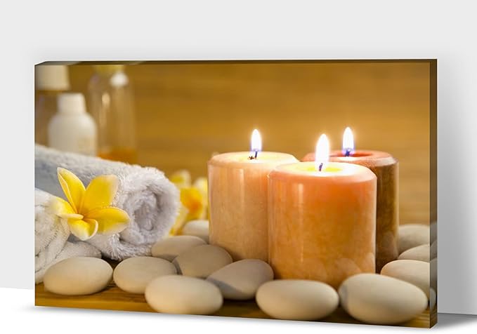 GUTTATY Zen Wall Art Decor, Modern Bathroom Zen Decor Wall Art, Zen Relaxing Canvas Wall Art for Spa Room Decor, Pebble and Lighted Candles Zen Canvas Prints for Office & Spa Wall Decor 24x36 Inches