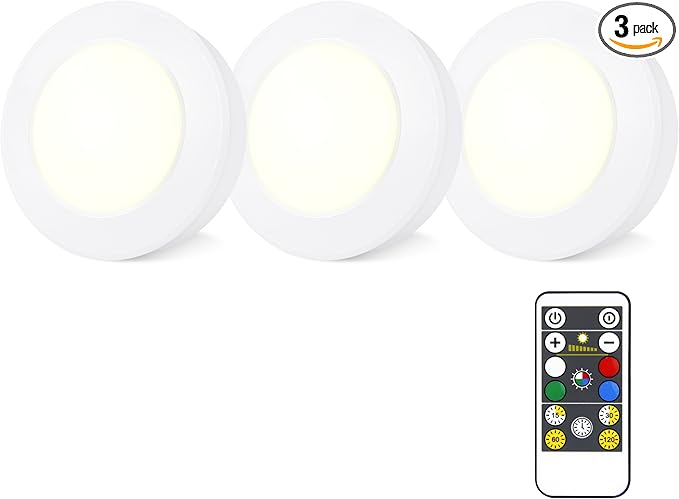 Wireless LED Puck Lights with RF Remote(3-Pack), Battery Operated Under Cabinet Lights, Color Changing Stick On Lights,Dimmable Tap Light with Timmer for Closet Bedroom Kitchen Drawer Counter