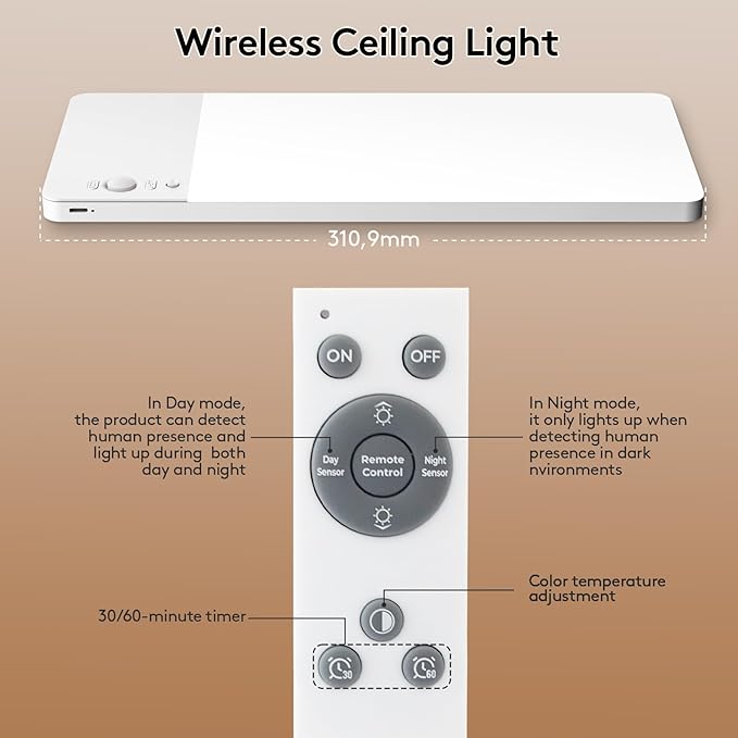 SNADER Rechargeable Motion Sensor Ceiling Light with Remote -12000mAh Battery Operated Ceiling Light Wireless - Motion Sensor Light Indoor for Closet, Bathroom, Garage, Stair, Hallway (2, 3 Colors)