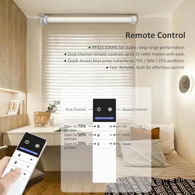 Solar Powered Motorized Roller Shade Motor Kit, 1.5" Tube Retrofit, Built-in 2600mAh Battery, Remote Control Electric Blind Drive for Zebra/Blackout Window, Quiet Copper Core, 5-Year Warranty，1.2N.m