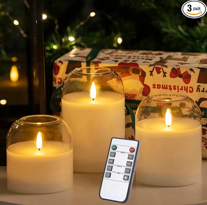 White Glass Flameless Candles Set of 3 (Φ 4" H 4" 5" 6") with Remote Battery Operated Flickering LED Pillar Candles Real Wax 3D Wick