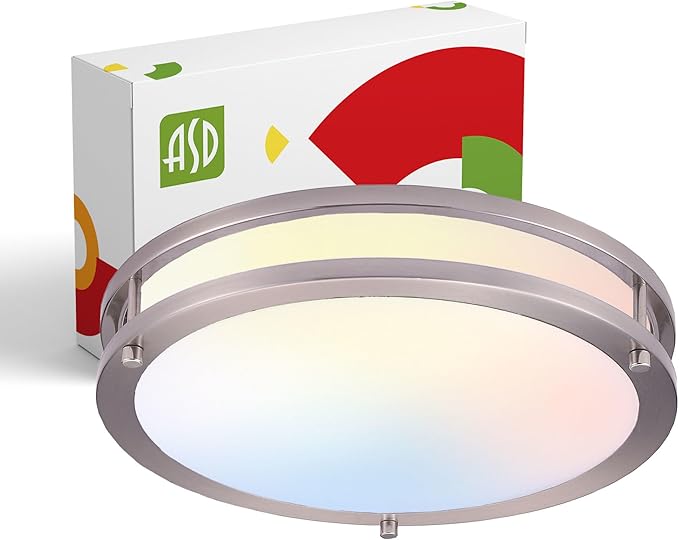 ASD LED 10" Round Flush Mount Lighting, Close to Ceiling Light Fixture | 3CCT, Dimmable, Energy Star, ETL Listed | 16W 1041LM 3000K-5000K 120V | Low Profile Double Ring Lamp | Nickel